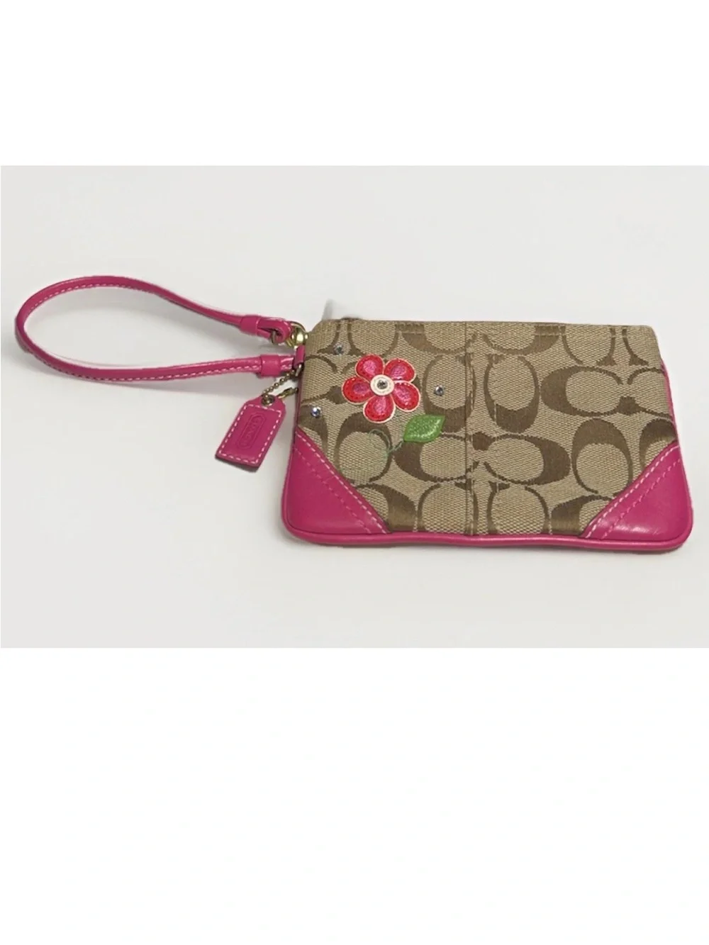 Coach Wristlet Signature Canvas,Hot Pink Leather Trim, Floral Appliqué, Crystals